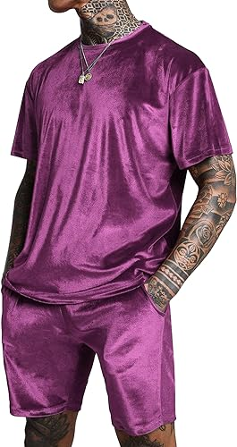 LecGee Men Summer Casual Sets Velour Short Sleeve Crewneck Shirt Pullover Elastic Waist Shorts 2 Piece Outfits Tracksuit