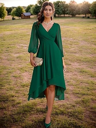 Ever-Pretty Women's Chiffon V Neck Long Sleeves Pleated A-Line Midi Length Wedding Guest Dress 01926