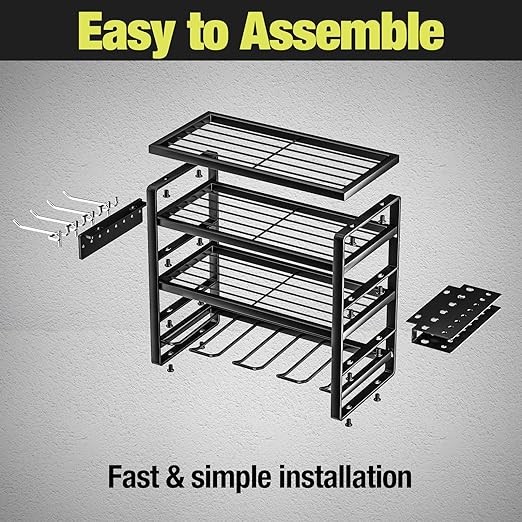 MOOMSINE 4 Layer Power Tool Organizer Wall Mount, Battery Tools Holder with Charging Station Shelf, Cordless Drill Hanger Storage Rack for Garage Organization, Workshop, Pegboard - 16 Inch 4 Slots