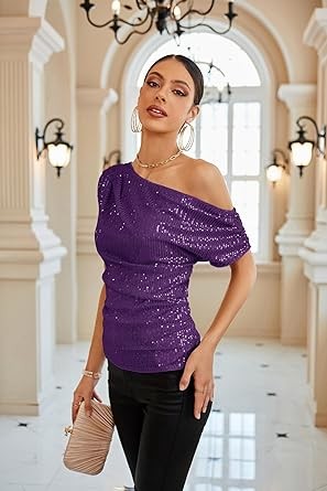 GRACE KARIN One Shoulder Sequin Sparkly Tops for Women Ruched Asymmetrical Glitter Tops Slimming Sparkle Party Shirts