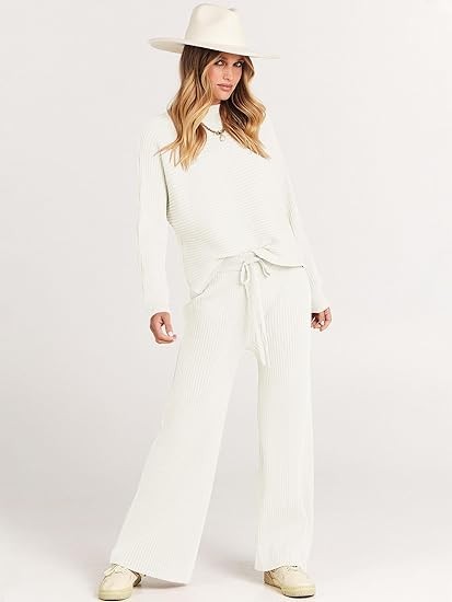 ANRABESS Women's Two Piece Outfits Batwing Long Sleeve Crop Top & Ribbed Knit Wide Leg Pants Loungewear Sweater Sets