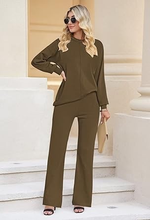 Women 2 Piece Outfits High Neck Knitted Sweater Wide Leg Pant Sweatsuit Lounge Sets