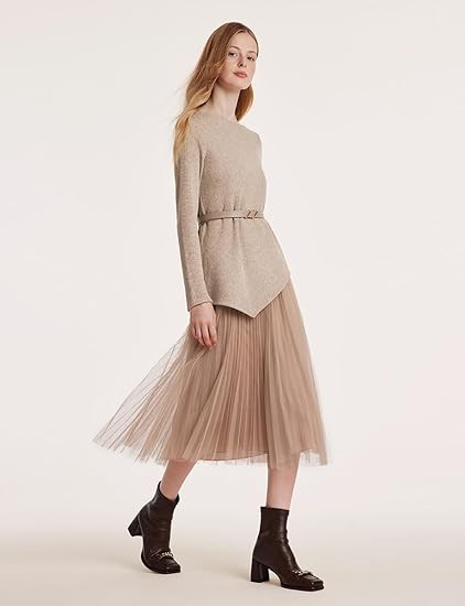 GOELIA Outfits Women Trendy 2023 Long Sleeve Pullover Top and Tulle Skirt Set with Belt