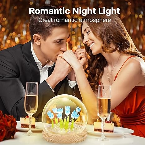 ONXE Tulips Night Light Furniture Atmosphere Lamp Blue Artificial Flowers in Glass Dome with LED for Bedroom Decor Tulip Gifts for Mom Children Christmas Birthday (Finished Product-Blue)