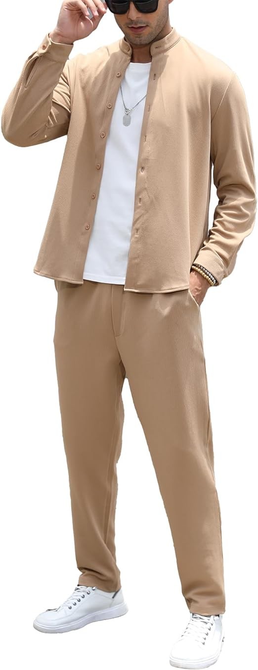 FZNHQL Fashion Men's Outfits 2 Piece Casual Tracksuits Long Sleeve Button Down Shirt and Pant Sets for Men Set
