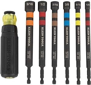 Klein Tools 32950 Impact Rated Power Nut Driver Set with Ratcheting Handle, Hollow, Color Coded, Magnetic, 6 SAE Hex Sizes