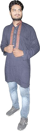Lakkar Haveli Men's Cotton Shirt Grey Color Embroidered Work Tunic Wedding Wear Loose Fit Kurta Plus Size