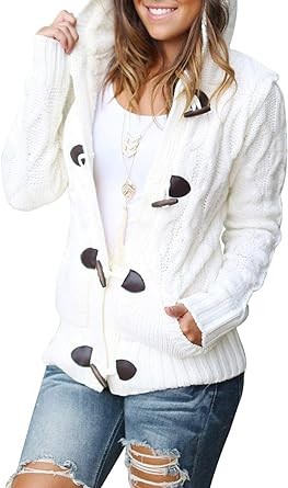Dokotoo Womens 2023 Winter Hooded Cardigans Button Up Cable Knit Sweater Coat Outerwear with Pockets