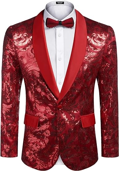 COOFANDY Men's Shiny Sequins Blazer Floral Suit Jacket Stylish Tuxedo for Party, Wedding, Banquet, Prom