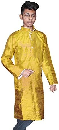 Lakkar Haveli Indian Men's Silk Kurta Wedding Wear Casual Tunic Gold Color Shirt Plus Size