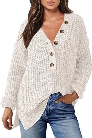 ANRABESS Women's Oversized Sweaters Long Sleeve Loose V Neck Button Henley Tops Side Slit Pullover Knit Jumper