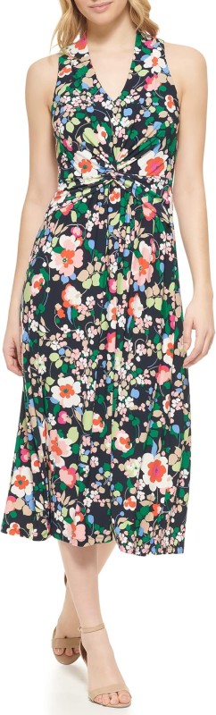 Tommy Hilfiger Women's V-Neck Tie 3/4th Sleeve High Low Midi Dress