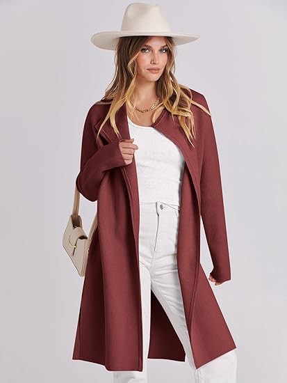 Prinbara Women's 2023 Fall Long Cardigan Coat Long Sleeve Open Front Lapel Casual Knit Jacket Coatigan Sweater