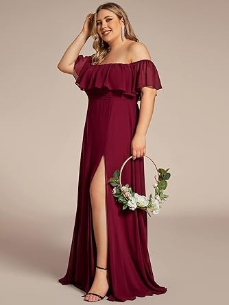 Ever-Pretty Women's Plus Size Off Shoulder Ruffle Sleeves Side Split Chiffon Floor Length Formal Dress 0968-PZUSA