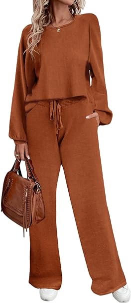 Ekouaer Knit Lounge Sets for Women 2 Piece Cozy Long Sleeve Pullover Sweater Top and Wide Leg Pants Set Pajamas Outfits