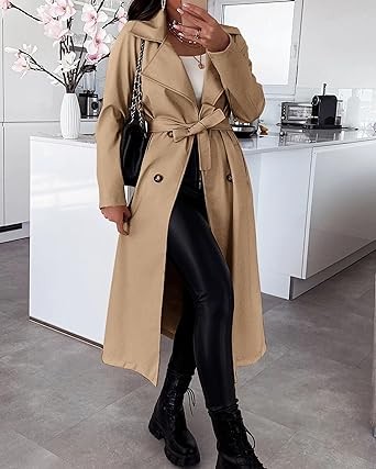 KIRUNDO Women's Trench Coat Long Double-Breasted Fall Fashion 2023 Classic Lapel Slim Overcoat Outerwear With Belt