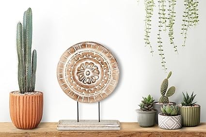 Eximious India Farmhouse Table Sculpture Home Decor Statue Mandala Carved for Modern Home 10" x 14", Living Room, Fireplace Mantel Shelf, Table and Entryway Decor Stand (Design 2)
