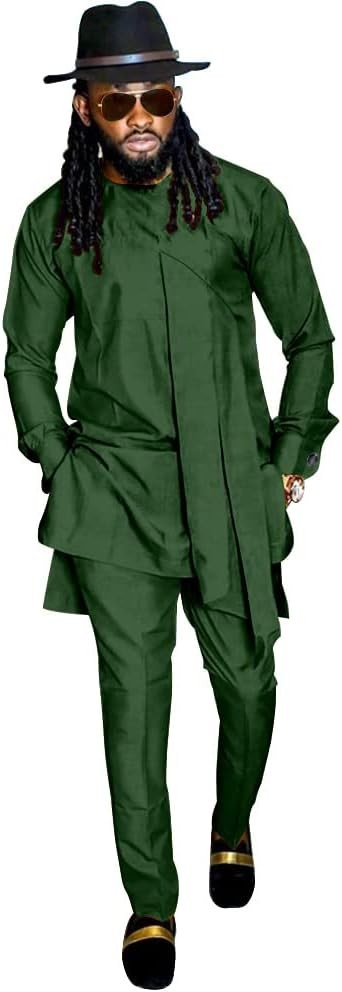 SEA&ALP Men's Fashion Clothes African Shirt and Pant Suit Dashiki Long Sleeve Casual Outfits Blouse Pockets