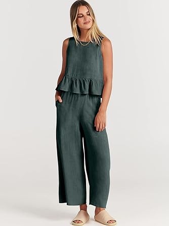 ANRABESS Women's Summer 2 Piece Outfits Sleeveless Tank Crop Top Wide Leg Pants Linen Lounge Matching Sets