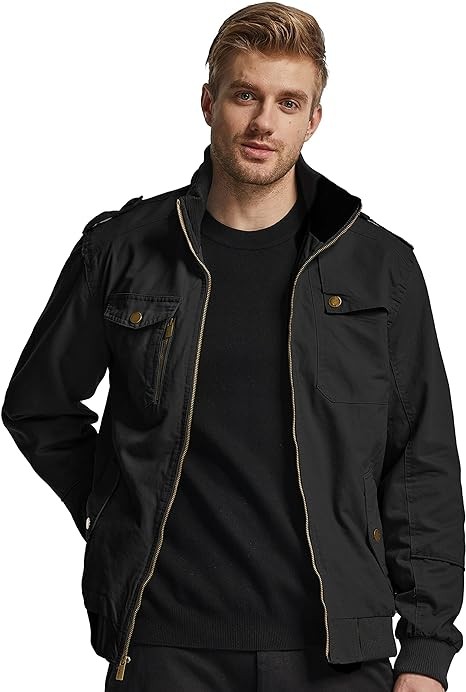 Wantdo Men's Military Jacket Casual Bomber Jacket Stand Collar Canvas Jacket Windbreaker