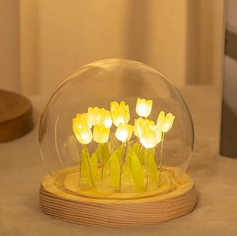 KINGCOO DIY Tulip Night Light Handmade Furniture Decoration Simulation Flower Bedroom Sleeping Table Lamp Children Girl Couple Friends Gift Atmosphere Decoration Desk Ornament (20 Flowers Yellow)