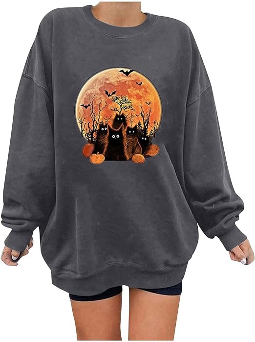 Halloween Oversized Sweatshirts for Women 2023 Fashion Fall Funny Graphic Print Blouse Casual Crewneck Pullover Tops