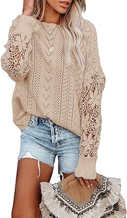Dokotoo Womens Crewneck Crochet Lace Long Sleeve Hollow Out Cable Knit Pullover Sweaters Tops