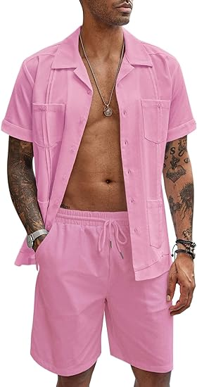 COOFANDY Men's 2 Pieces Guayabera Shirts Set Casual Linen Short Sleeve Button Down Shirts and Shorts Outfits