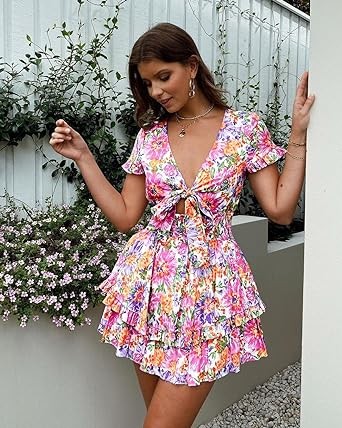 PRETTYGARDEN Women's 2023 Summer Swing Mini Dress Tie Front V Neck Short Sleeve Ruffle Layer A-Line Short Dress