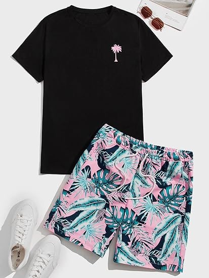 GORGLITTER Men's 2 Piece Short Sleeve Graphic Tee Hawaiian Printed Drawstring Shorts Set
