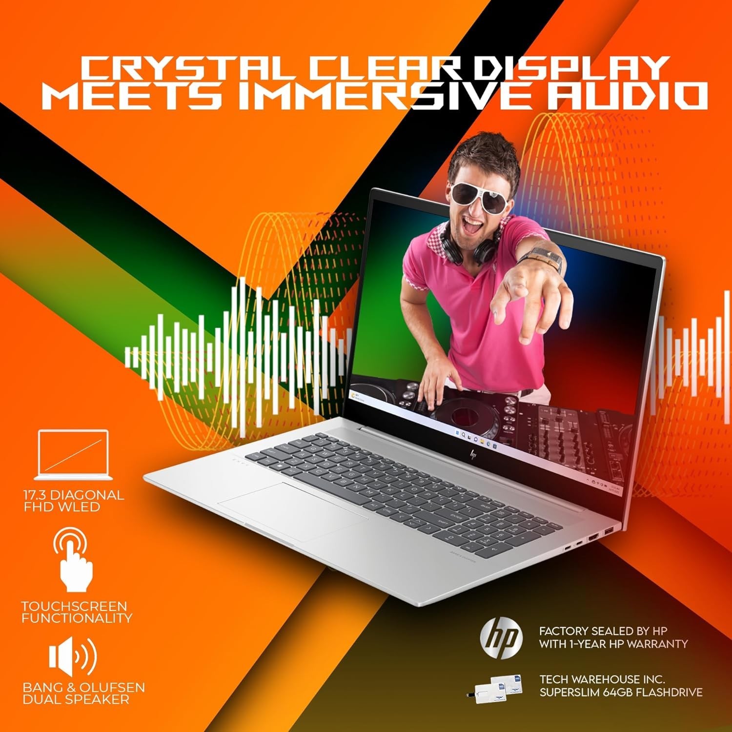 HP Envy 17T Laptop i7-1195G7 11th gen, 16GB RAM, 512 GB NVMe SSD, 17.3" FHD Touch, Thunderbolt 4, Win 11 PRO, WiFi 6, B&O Speakers, USB-A, Intel Xe Graphics, Silver, 64GB Tech Warehouse Flashdrive