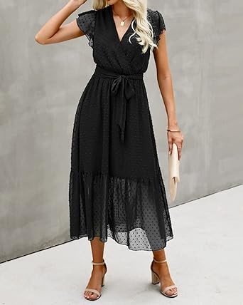 BTFBM Women Summer Bohemian Floral Casual Wrap V Neck Ruffle Cap Sleeveless Belt A-Line Pleated Hem Midi Sun Dress White