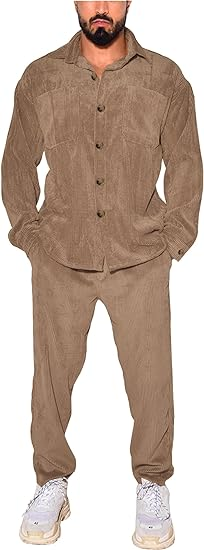 ZSJR Men's 2 Piece Outfits Corduroy Casual Long Sleeve Shirt Pant Sets Fall Fashion Tracksuits
