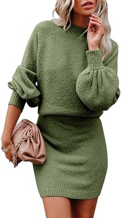 Dokotoo Women's 2 Piece Outfits Sweater Set Puff Long Sleeve Knit Cropped Top and Bodycon Skirt Dress
