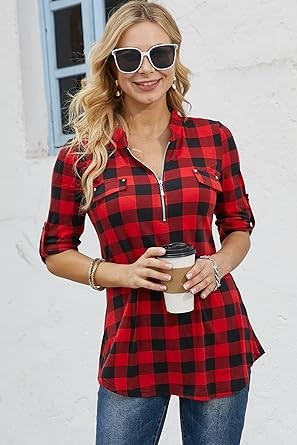 Ninedaily Women's 3/4 Sleeve Plaid Shirts Zip Floral Casual Tunic Blouse Tops