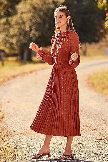 PRETTYGARDEN Women's 2023 Fall Midi Dress Casual Long Sleeve V Neck Swiss Dot Pleated A Line Flowy Dresses