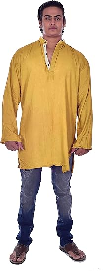 Lakkar Haveli Men Shirt Henley Neck Casual Tunic Ethnic Party Wear Yellow Color Nice Shirt Plus Size