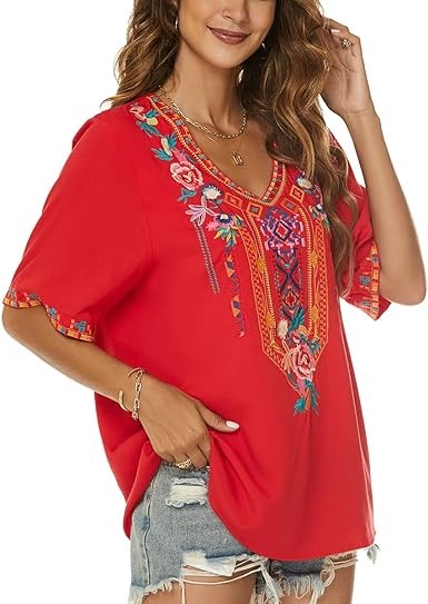 LauraKlein Women’s Mexican Embroidered Tops for Women Boho Blouse for Women Summer Short Sleeve Floral Hippie Shirts Tunics