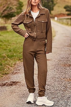 PRETTYGARDEN Womens 2023 Fall 2 Piece Outfits Tracksuit Long Sleeve Button Down Shacket Jacket Pockets Long Pants Casual Set