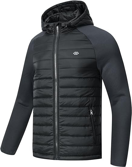 MoFiz Mens Running Hybrid Jackets Winter Thermal Hiking Jacket Full Zip Hooded Insulated Cycling Jacket Coat with Pockets