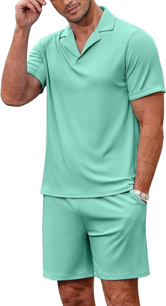 Ekouaer Mens Knit Pajama 2 Piece Lounge Set Stretch Shorts Sets Outfits Tracksuits with Pockets
