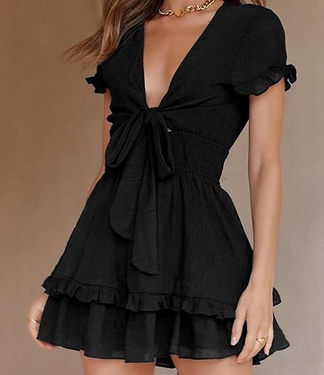 PRETTYGARDEN Women's 2023 Summer Swing Mini Dress Tie Front V Neck Short Sleeve Ruffle Layer A-Line Short Dress