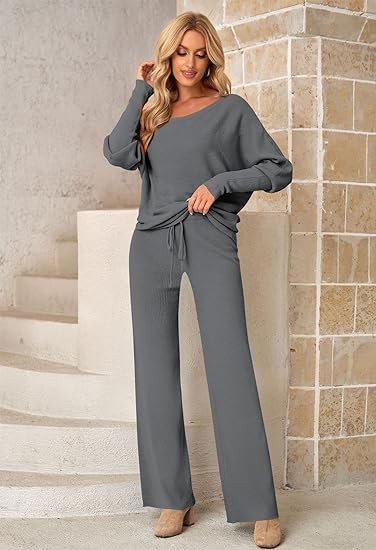 Meenew Womens Long Sleeve Knit Pullover Sweater Wide Leg Pants Outfits 2 Piece Sweatsuit Knitted Lounge Set