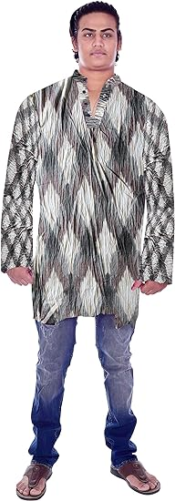 Lakkar Haveli Indian Men's Cotton Shirt Wedding Wear Pathani Kurta Geometric Print Loose Fit Tunic Multi Color