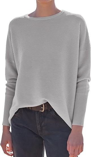 Prinbara Women's Long Sleeve Crewneck Drop Shoulder Oversized Slouchy Sweatshirt Pullover Sweater with Slit