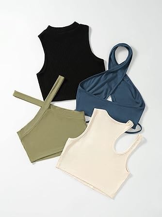 MakeMeChic Women's Casual 4 Pieces Solid Ribbed Knit Crop Tank Tops Vest Pack