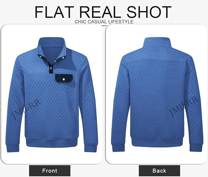 JMIERR Men's Quilted Sweatshirt Casual Long Sleeve Outdoor Stand Collar Button Pullover Sweatshirts