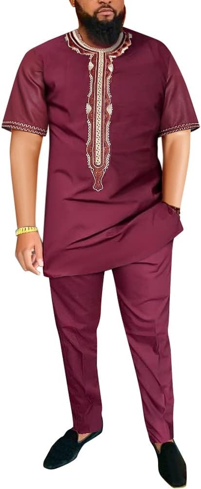 HD Men's African Clothes Embroidery Tunic Shirt and Pant Suit Two Pieces Dashiki Outfit Short Sleeves