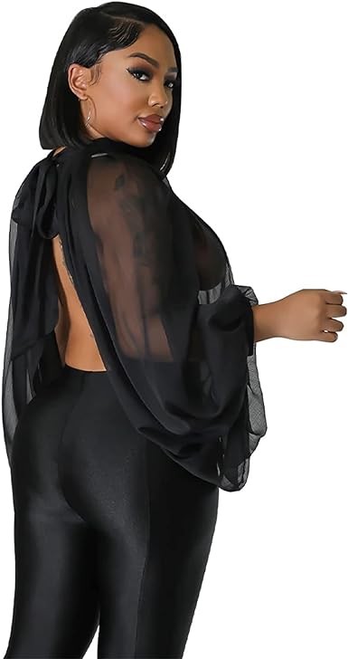 Women’s Sexy See Through Chiffon Sheer Lantern Sleeve Front Back Open High Neck Self Tie Shawl Casual Shirts Blouses Tops