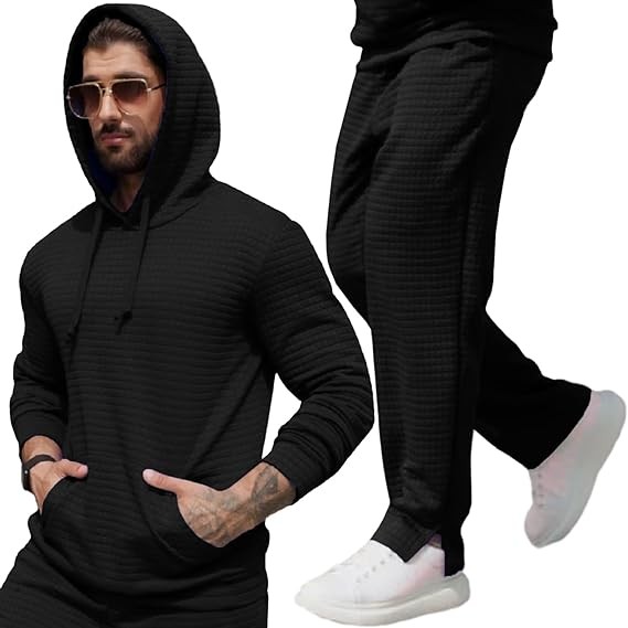 ZSJR Mens Sweatsuits Sets 2 Piece Outfits Hooded Athletic Tracksuit Regular Fit Plaid Jacquard Jogging Suit Set